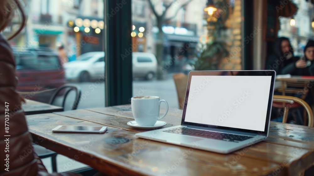 Poster a laptop computer placed on a wooden table, suitable for use as background or illustration in variou
