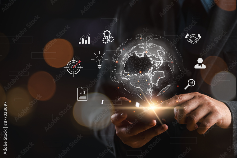 Aufkleber Businessman using mobile smart phone. Business global internet connection application technology and digital marketing, Financial and banking, Digital link tech, big data.