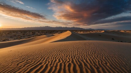 A panoramic view of a desert landscape with rolling sand dunes under a dramatic sunset sky