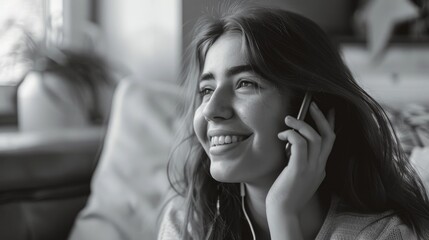 A person is speaking on their mobile device while seated on a sofa