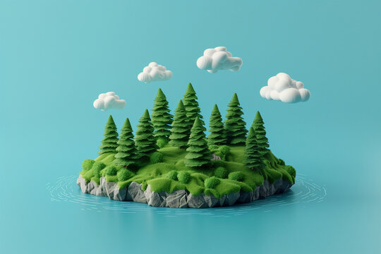 Miniature forest island floating on water in a surreal style. Generative AI image