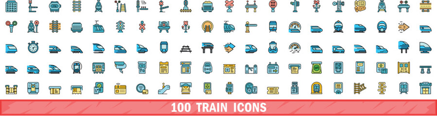 100 train icons set. Color line set of train vector icons thin line color flat on white