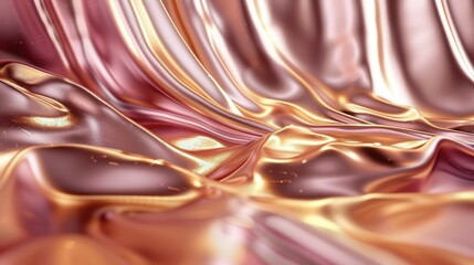 Close-up image of gleaming pink and gold silk fabric with intricate diagonal folds, showcasing the luxurious and elegant texture of the material in a beautifully lit setting.