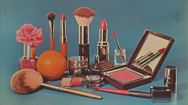 vintage photo cutouts, 1970s makeup products, example blush, lipstick, brushes on the table - Powered by Adobe