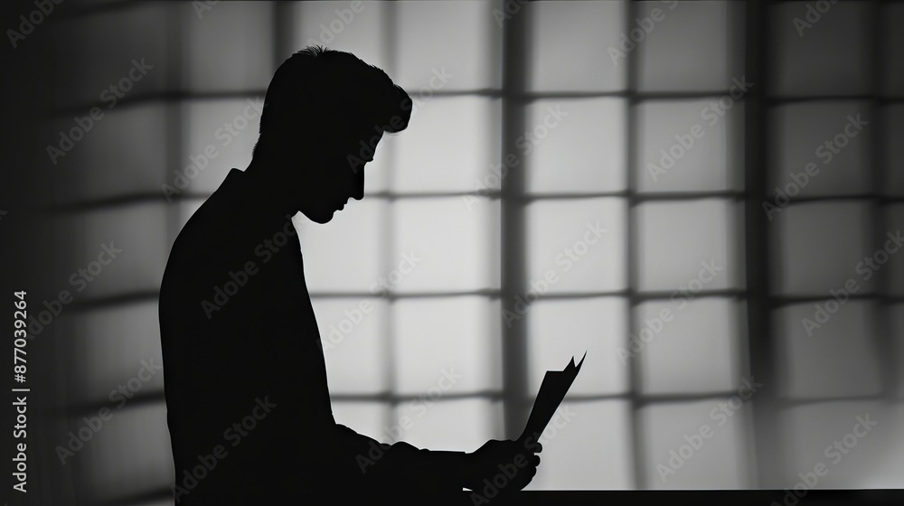 Aufkleber silhouette of a man reading a document against a large window with soft light filtering through, cre