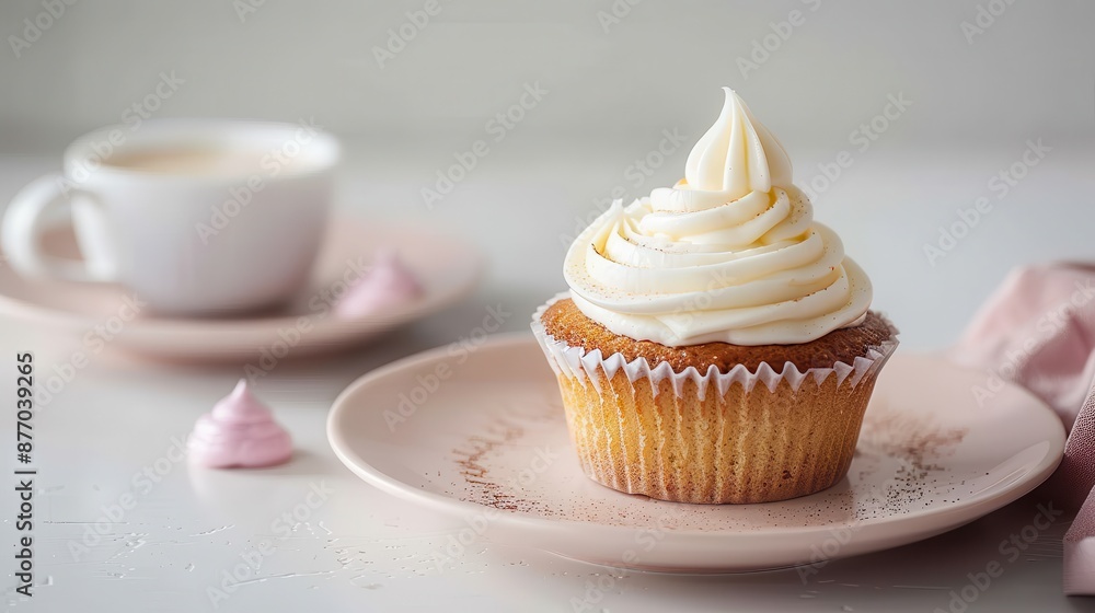 Poster isolated cupcake topped with smooth frosting served on a pink plate. soft-focus background with coff