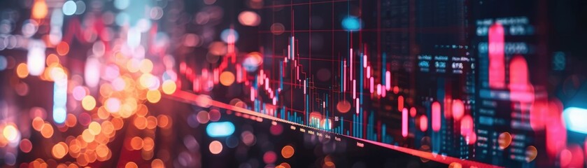 Abstract image of financial data visualization with a graph overlay and blurred city lights in the background.