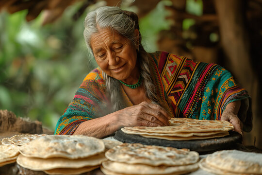 Elderly woman preparing traditional Mexican tacos. Generative AI image