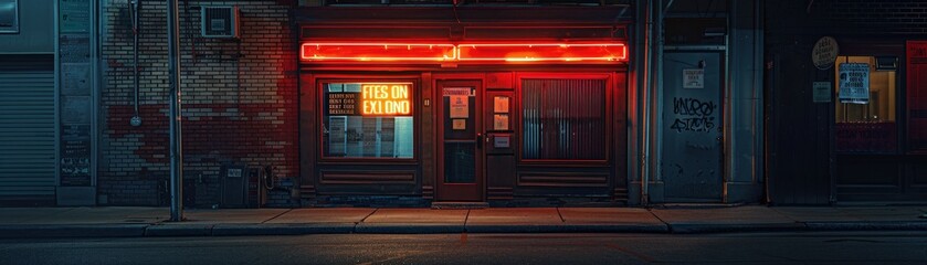A neon-lit storefront in an urban setting at night, showcasing a vintage aesthetic with an empty street in the foreground.