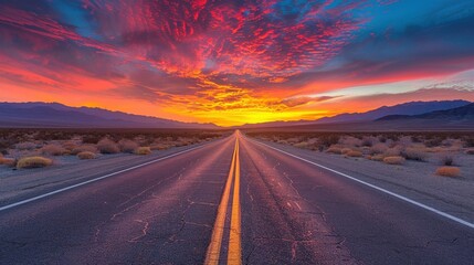 Captivating image of a desert highway at sunset, featuring a vibrant sky with dramatic clouds and an endless road stretching into the horizon.