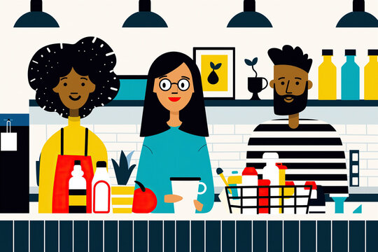 Group of friends of diverse ethnicities in a modern kitchen. Generative AI image
