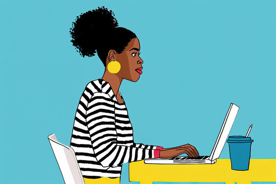 Black woman using laptop at workplace in modern illustration. Generative AI image