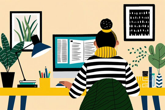 Woman working at her desk illustrated in modern style. Generative AI image