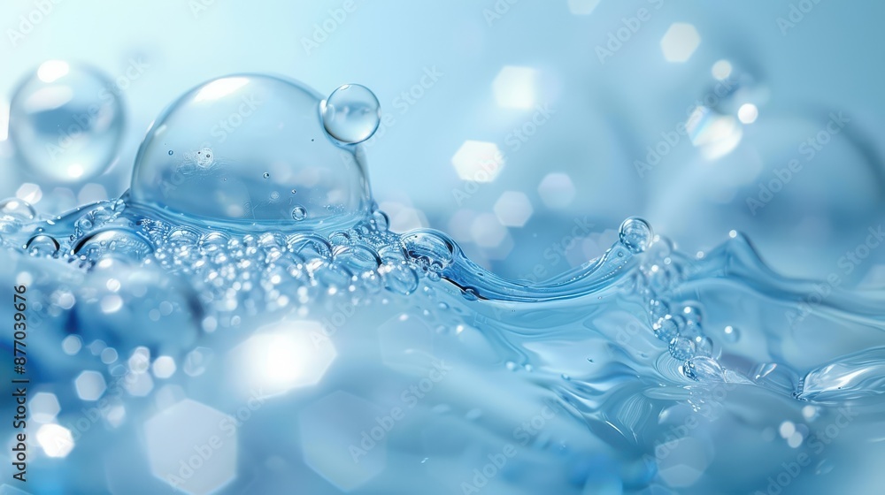 Poster this image showcases a close-up of a large bubble accompanied by smaller bubbles on a blue backgroun