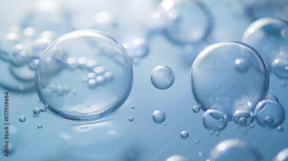 Poster this image features a close-up view of transparent bubbles floating against a soft blue background, 
