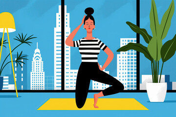 Woman practicing yoga in a modern apartment. Generative AI image