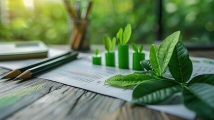 Green plants growing on financial documents symbolize sustainable business growth in a modern office environment.