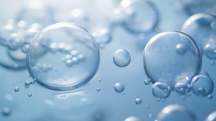 This image features a close-up view of transparent bubbles floating against a soft blue background, capturing a sense of purity and tranquility in a delicate composition.