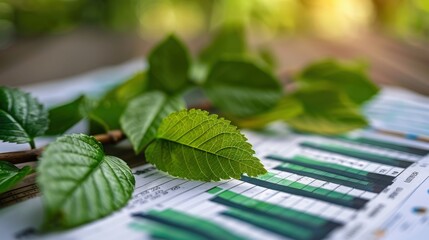 Green leaves on financial graphs symbolize sustainable business growth and eco-friendly practices in a natural setting.