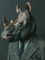 Obraz premium A businessman dressed in a suit and tie wearing a rhino mask, perfect for a unique costume or theme party