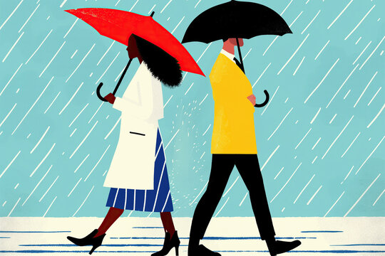 Walking in the rain with umbrellas, a stylized illustration. Generative AI image