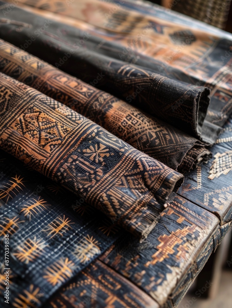 Poster a detailed view of various fabrics on a surface, ideal for use in textile or design-related projects