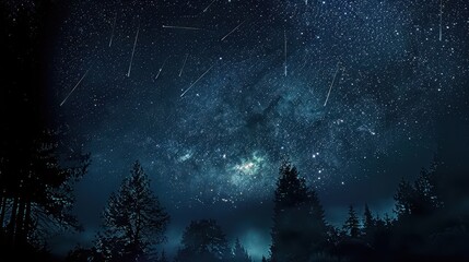 A dark night sky illuminated by brilliant stars and streaking meteors, highlighted by the Milky Way, all visible above the silhouettes of tall trees in a serene forest setting.