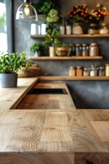 A cozy modern kitchen featuring wooden countertops, shelves with jars, plants, and a warm, inviting atmosphere.