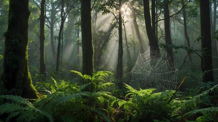Fototapeta premium A misty morning in a lush, green forest with dew-covered spider webs glistening in the sunlight