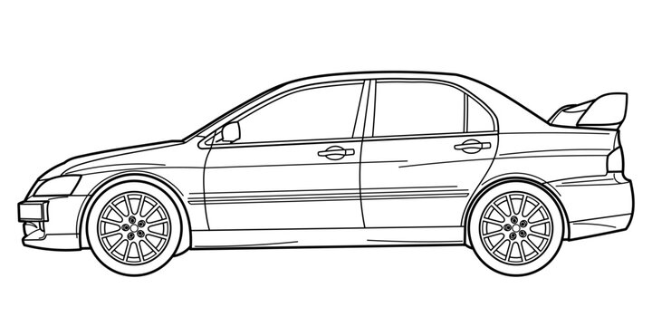 Ivano-Frankivsk, Ukraine - 08 July 2024: Outline drawing of a Mitsubishi Lancer Evolution, popularly referred to as the 'Evo' is a sports sedan and rally car, side. Vector outline doodle illustration.