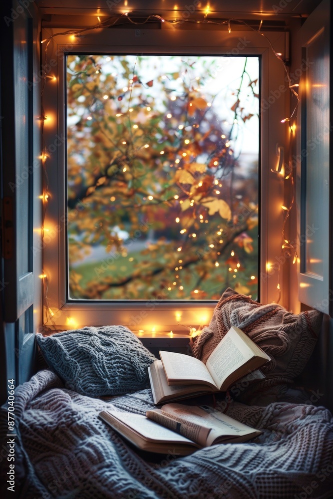 Poster a book lying open on a bedside table beside a window