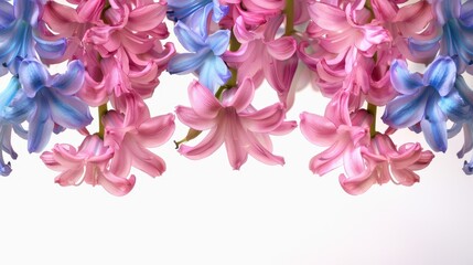 Obraz premium A beautiful close-up image capturing the intricate details of blooming pink and blue hyacinth flowers, highlighting their delicate petals against a plain white background.