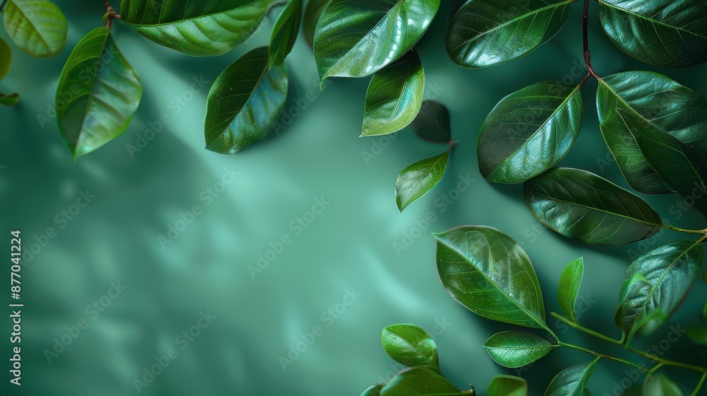 Poster an array of leaves artistically arranged on a green background, emitting a sense of tranquillity. th