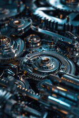A close-up shot of a collection of mechanical gears, suitable for use in illustrations about engineering, machinery, and technology