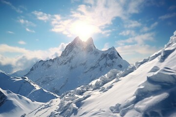 Obraz premium A serene snowy mountain landscape with a bright sunny background