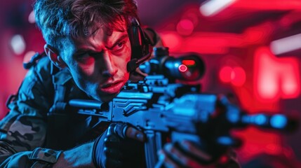 A person holding a firearm in an dimly lit space, suitable for crime or thriller scenes