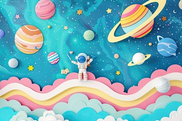 Vibrant astronaut exploring a colorful outer space scene with planets and stars in a whimsical, dreamy illustration.