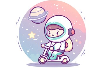 Cute astronaut child riding a scooter in space with planets and stars in the background. Adorable cosmic adventure illustration.