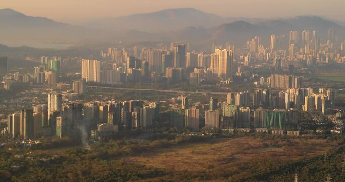 Barve Nagar, Ghatkopar West, Mumbai, Maharashtra, India. Mumbai Metropolitan Region. Aerial View From Airplane Window On View of the Mumbai suburb district. Evening morning sunset sunrise light