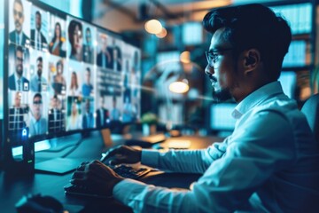 Fototapeta premium A person sitting at a desk with a laptop and keyboard, possibly working or studying