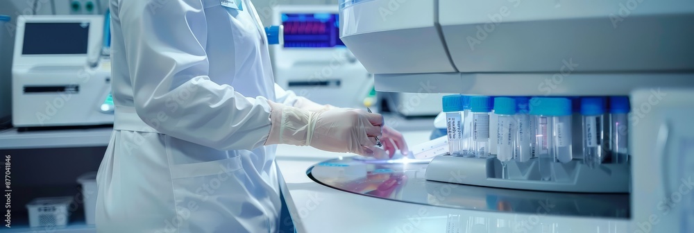 Poster lab technician analyzing samples in a modern laboratory with advanced equipment. cutting-edge medica