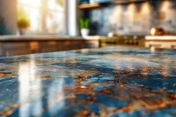 Empty table with blurred kitchen background.