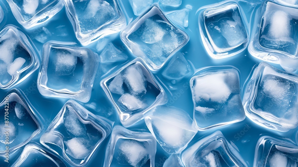 Poster a blue background with a bunch of ice cubes. the ice cubes are all different sizes and shapes