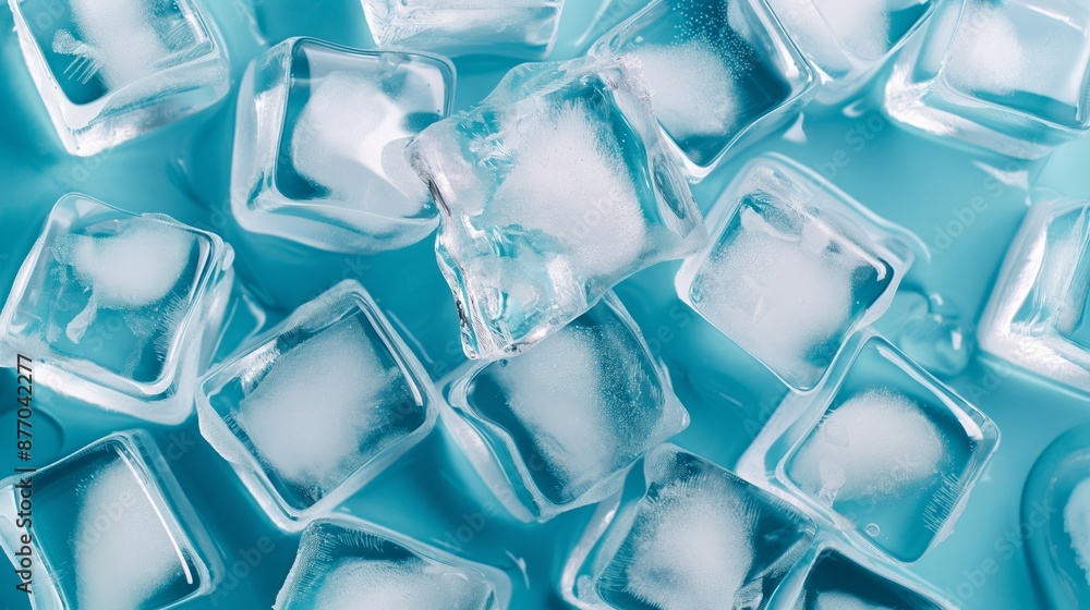 Aufkleber a blue background with a bunch of ice cubes scattered around. the ice cubes are clear and shiny, and