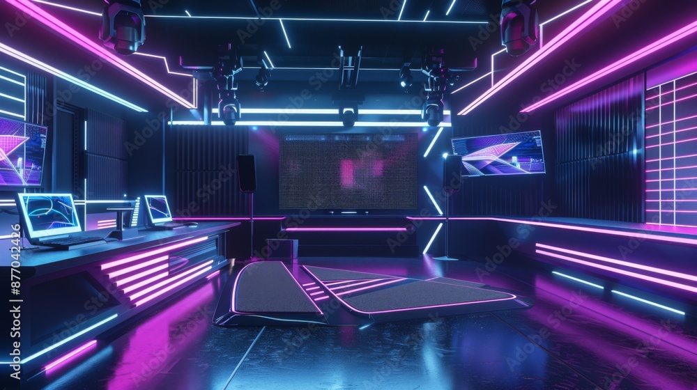 Aufkleber A futuristic studio space with neon lights and a large desk with multiple monitors. A large platform is centered in the room.