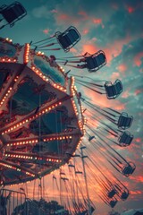 A colorful carnival ride lit up at sunset