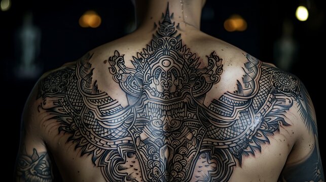 Detailed Sak Yant Tattoo in Traditional Thai Design with Intricate Lines
