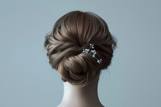 Elegant chignon hairstyle with delicate accessories, set against a clean background with plenty of copyspace, emphasizing the sophistication and detail of the updo,