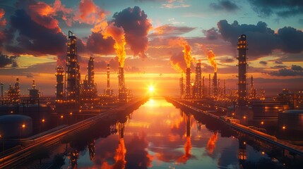 The oil factory glows warm and glowing.