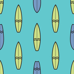 Seamless repeat pattern with surfboards. Summer surfing, surf boards seamless pattern, texture, wallpaper template. Design for fashion fabrics